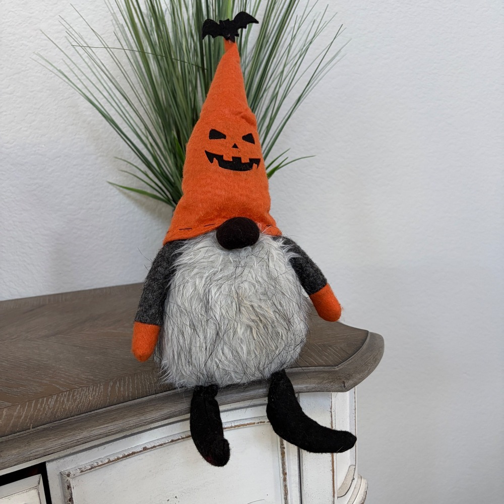 Halloween Pumpkin Gnome Bat Topper Plush Shelf Sitter Plush Decor Orange Grey